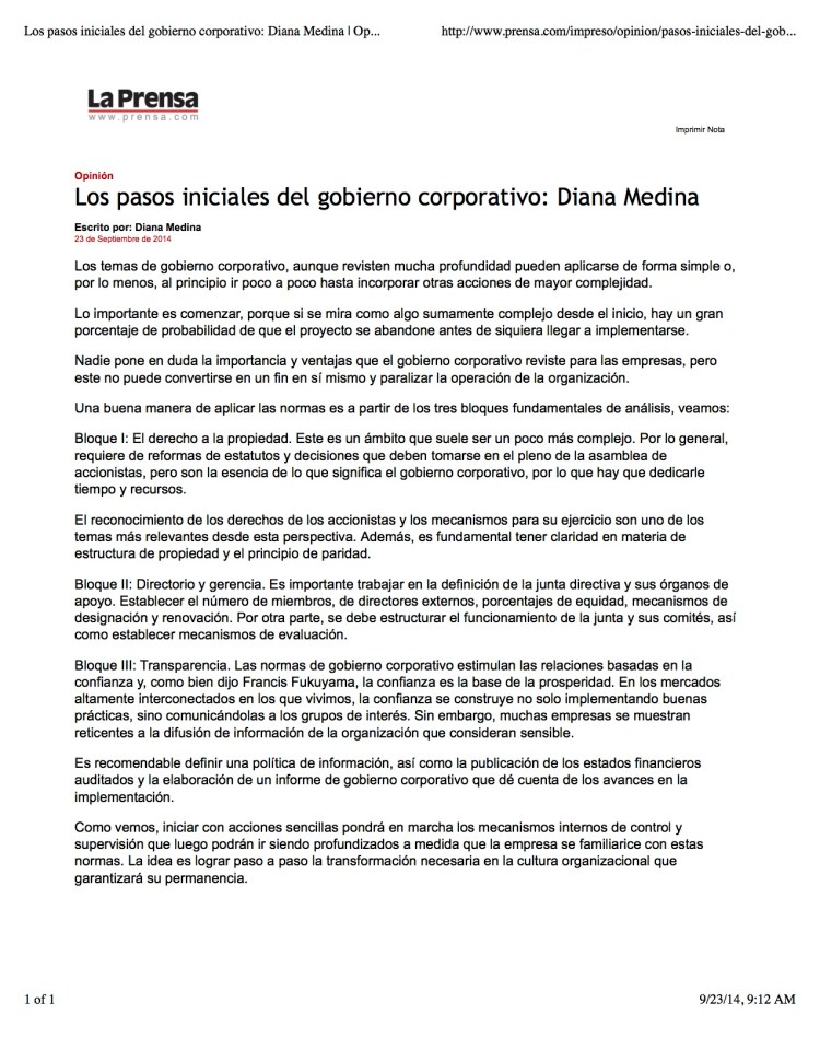 Los pasos iniciales del gobierno corporativo: Diana Medina | Opinión-Impreso | La Prensa Panamá