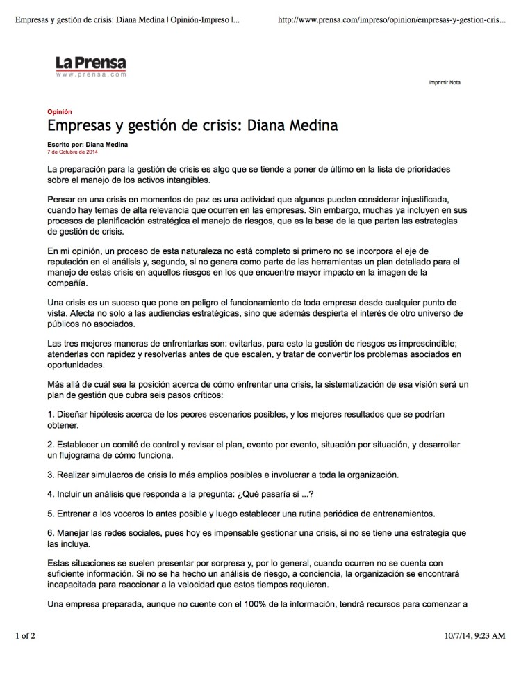 Empresas y gestión de crisis: Diana Medina | Opinión-Impreso | La Prensa Panamá