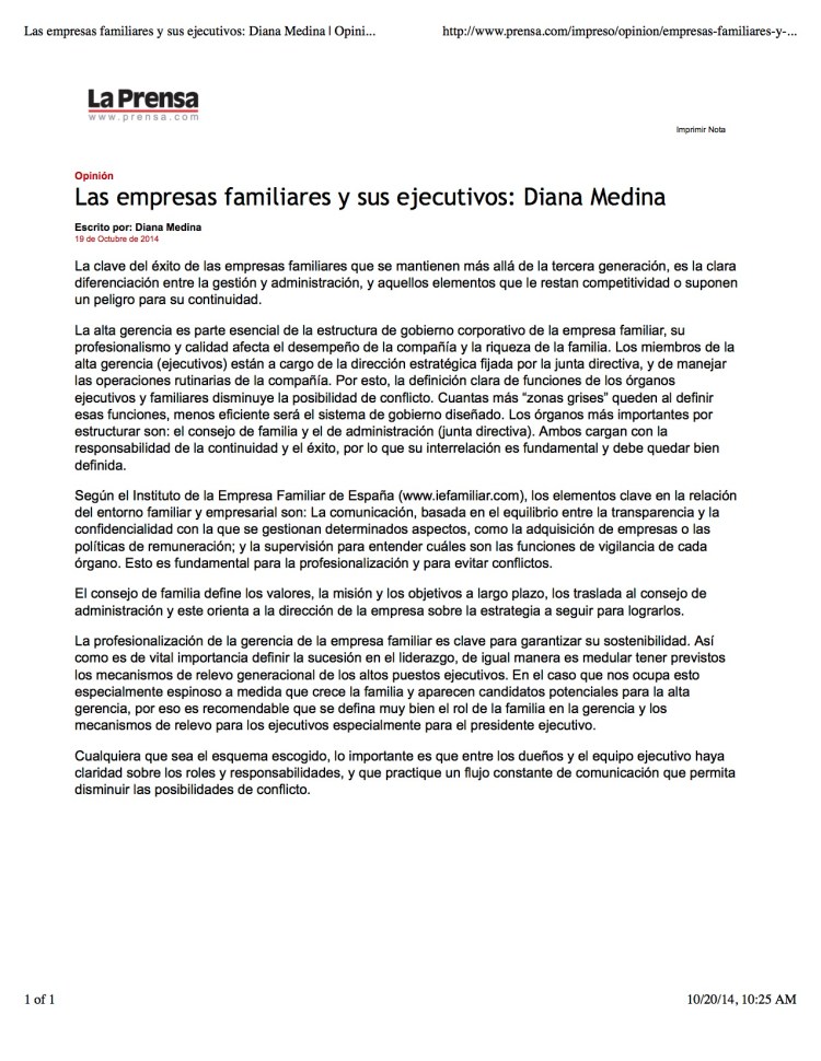 Las empresas familiares y sus ejecutivos: Diana Medina | Opinión-Impreso | La Prensa Panamá